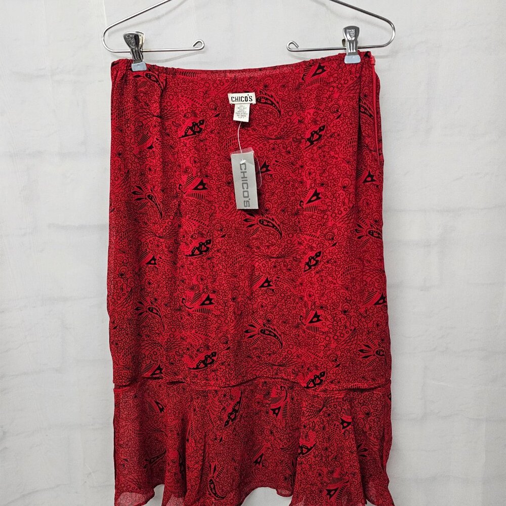 Chico's Red and Black A-Line Skirt with Ruffle Hem - Picture 5 of 8